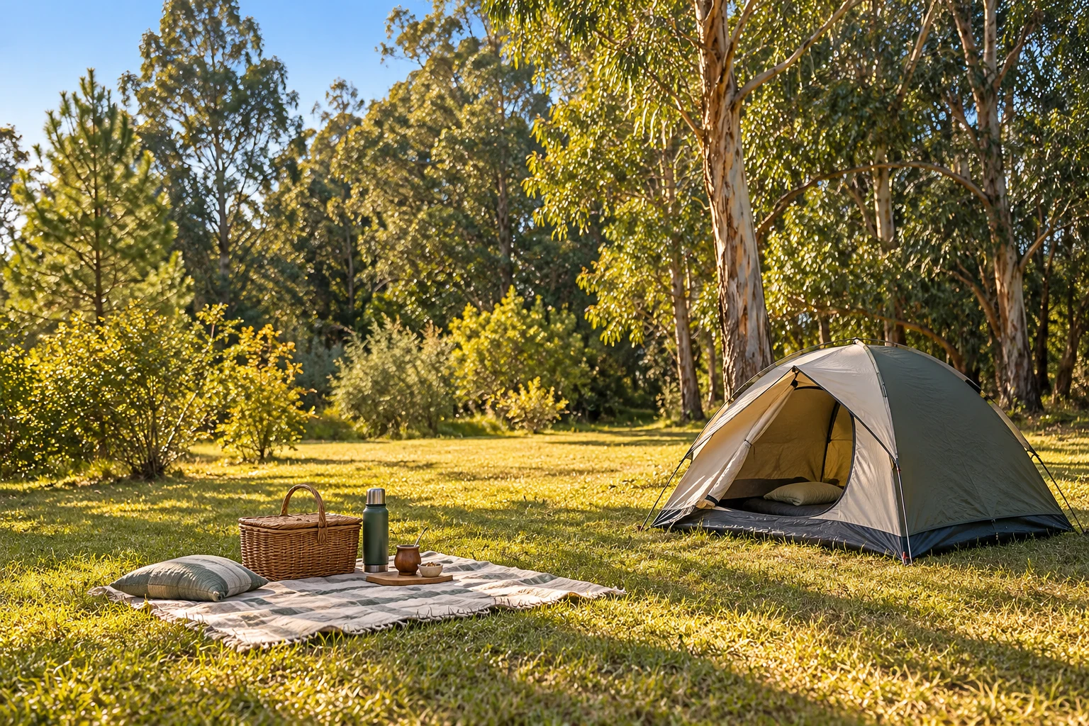 Tent and picnic among trees: an illustrative image for a Maldonado camping guide
