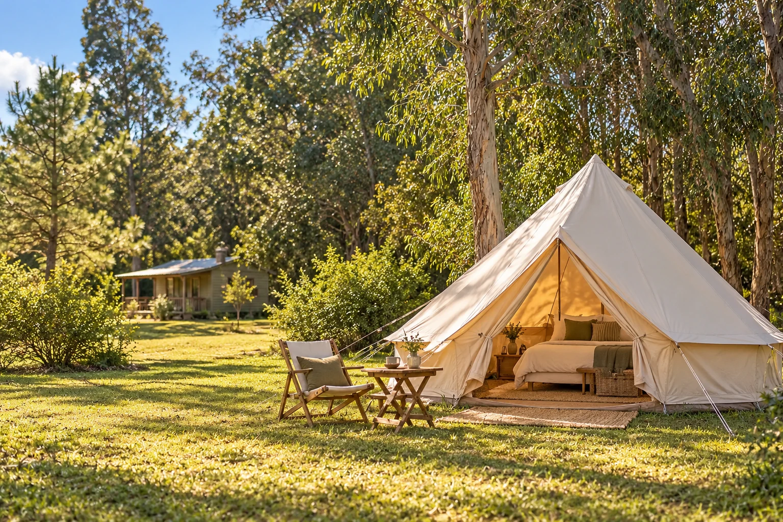 A larger tent with indoor comforts near a cabin: an illustrative glamping scene