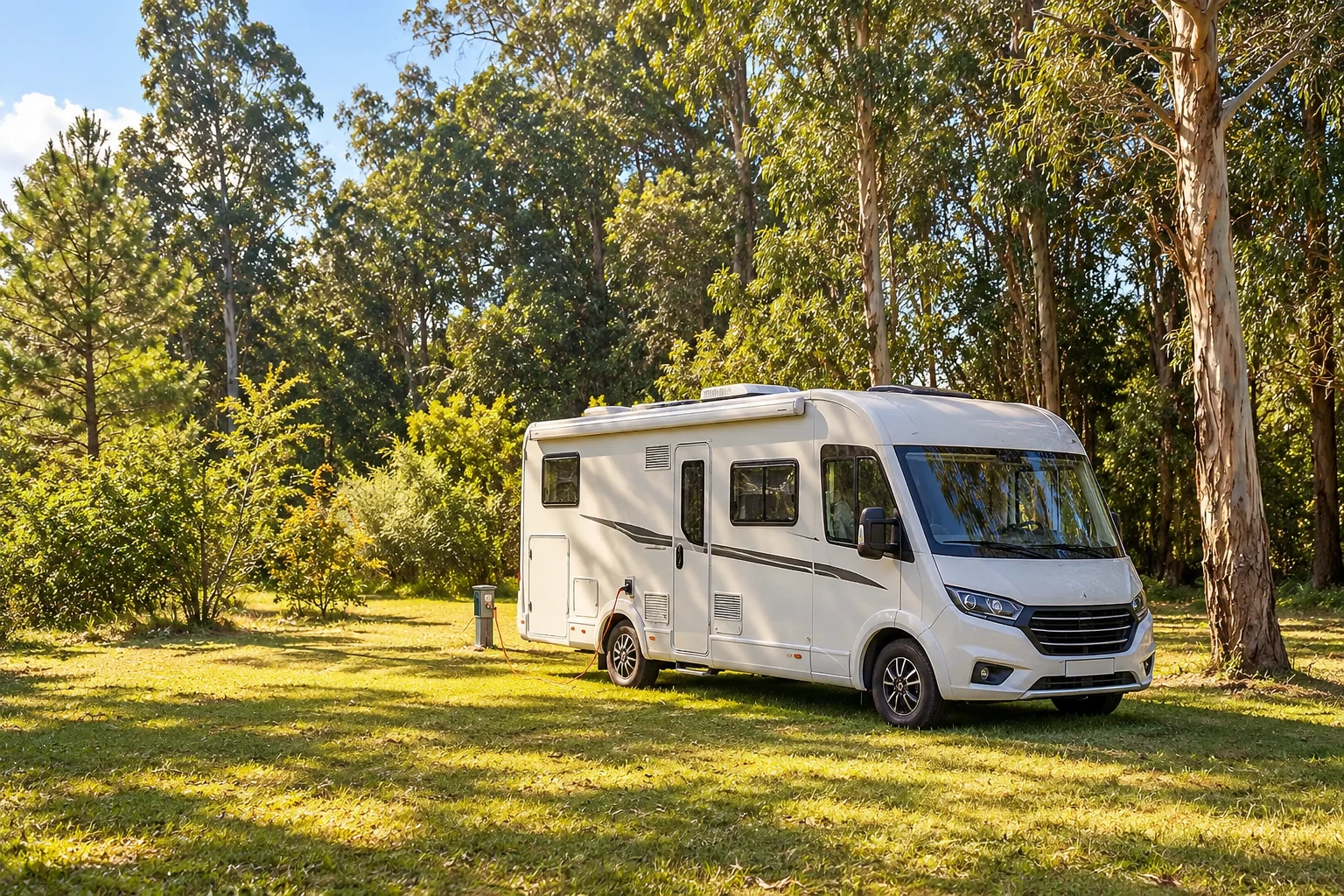 Motorhome in green surroundings with an electricity hookup: an illustrative campervan guide image