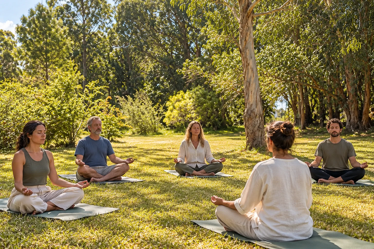 A group meditating among trees: an illustrative outdoor wellbeing gathering